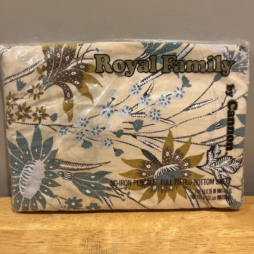 VTG Cannon Royal‎ Family Full Sheet Fitted Sunflowers Blue Brown FLORAL  NOS